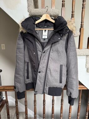 Soia & Kyo Gray Puffer Bomber Jacket with Faux Fur Trim